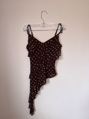 Asymmetrical Brown Polka Dot Ruffle Cami